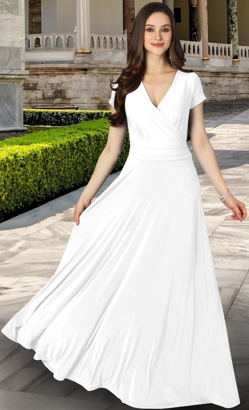 KOH KOH Plus Size Womenâ€™s Long Cap Short Sleeve Flowy Cocktail Semi Formal Prom Gala Black Tie Bridesmaid Wedding Guest Work Dressy Tall Gown Gowns Maxi Dress Dresses, Ivory White XL 14-16 - Image 2